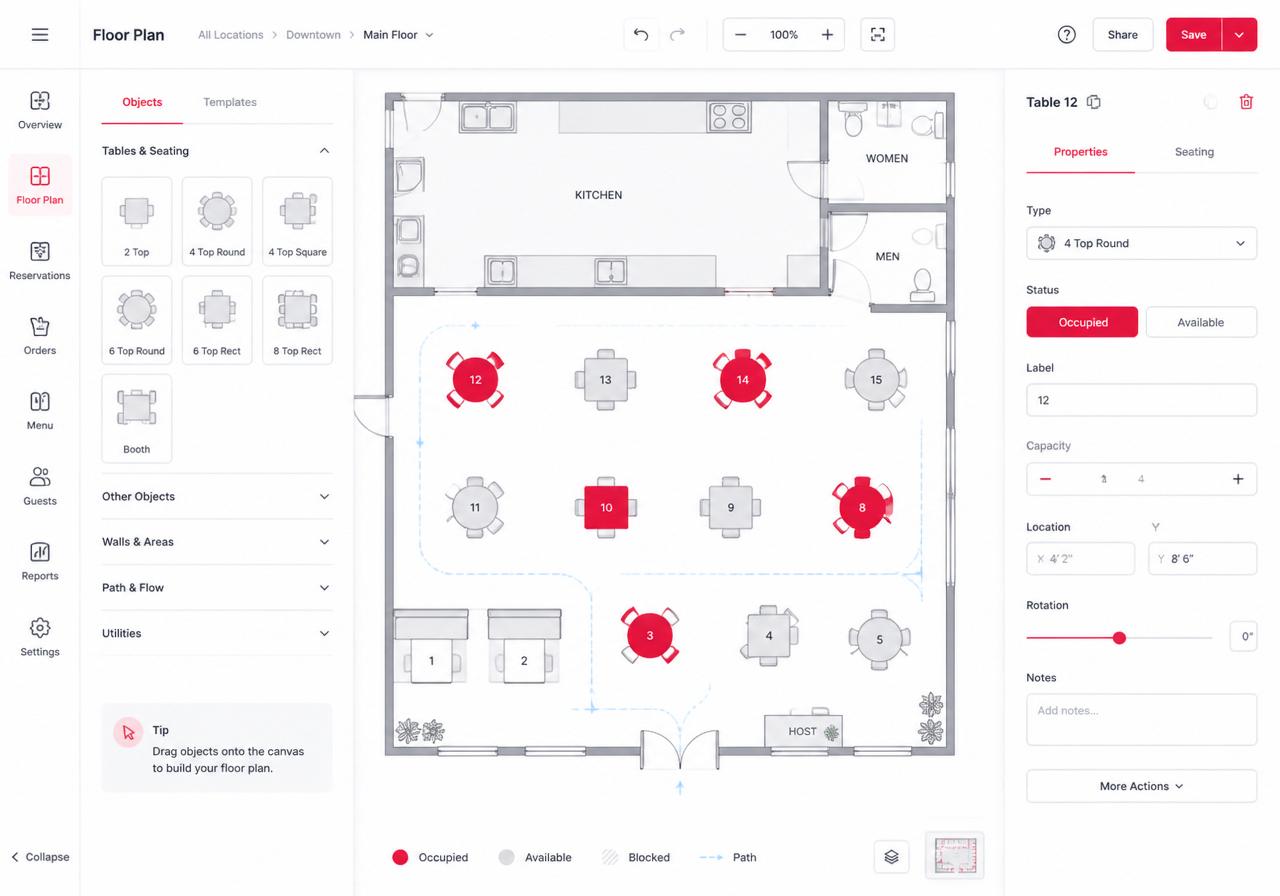 Tables, parties, waitlist: built in.